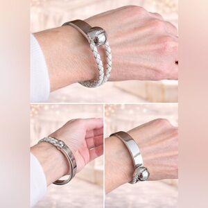 Vivi Jewelry Silver & White Braided Leather Double-Wrap Bracelet EUC